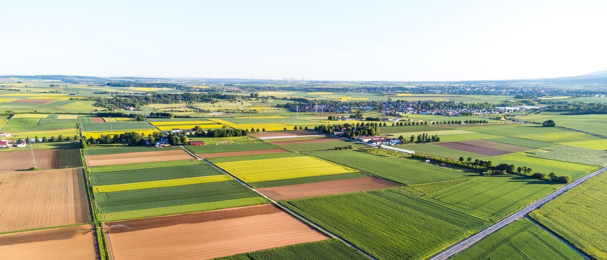 Aerial view of cropland divided into many separately managed fields